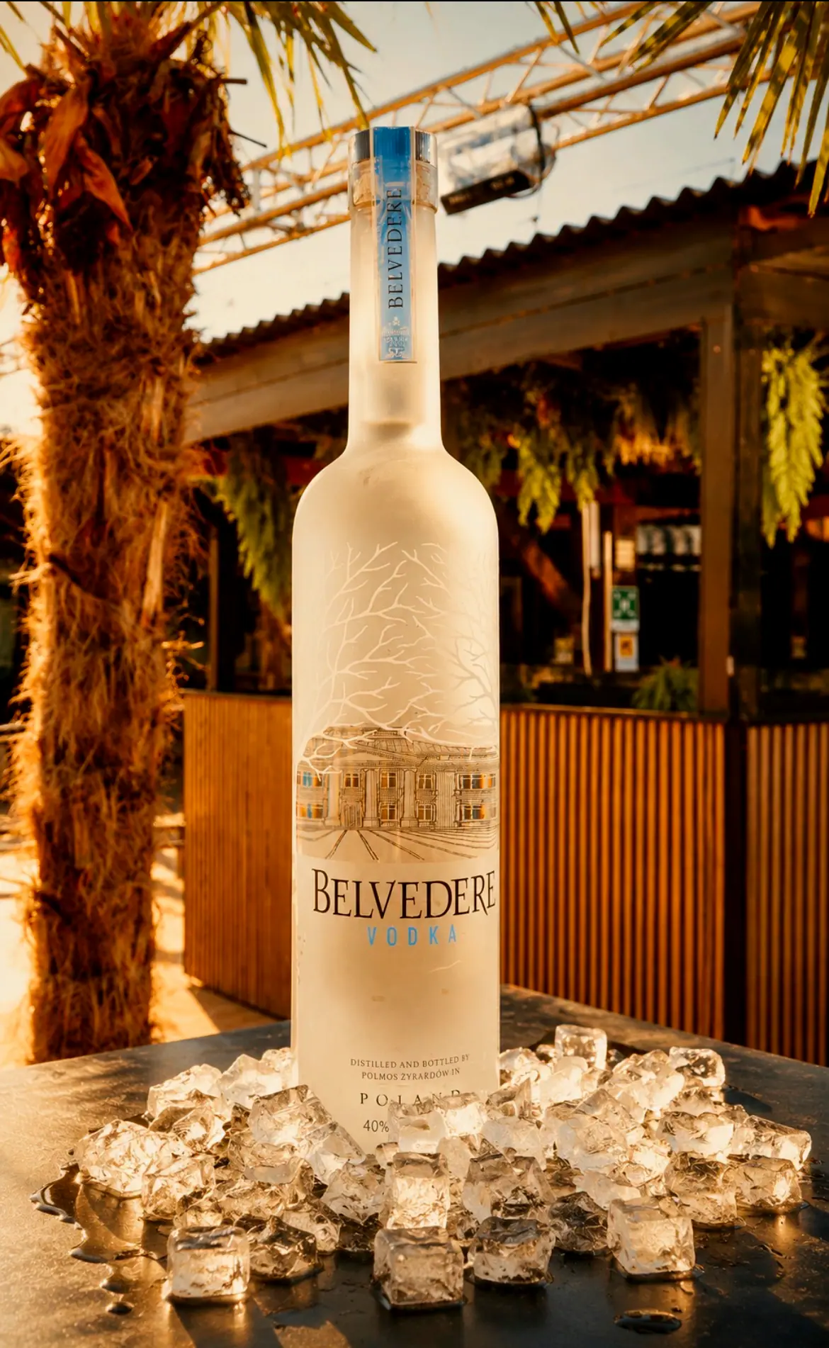 Bottiglia di vodka Belvedere nel ghiaccio davanti alla parete di cannicciato